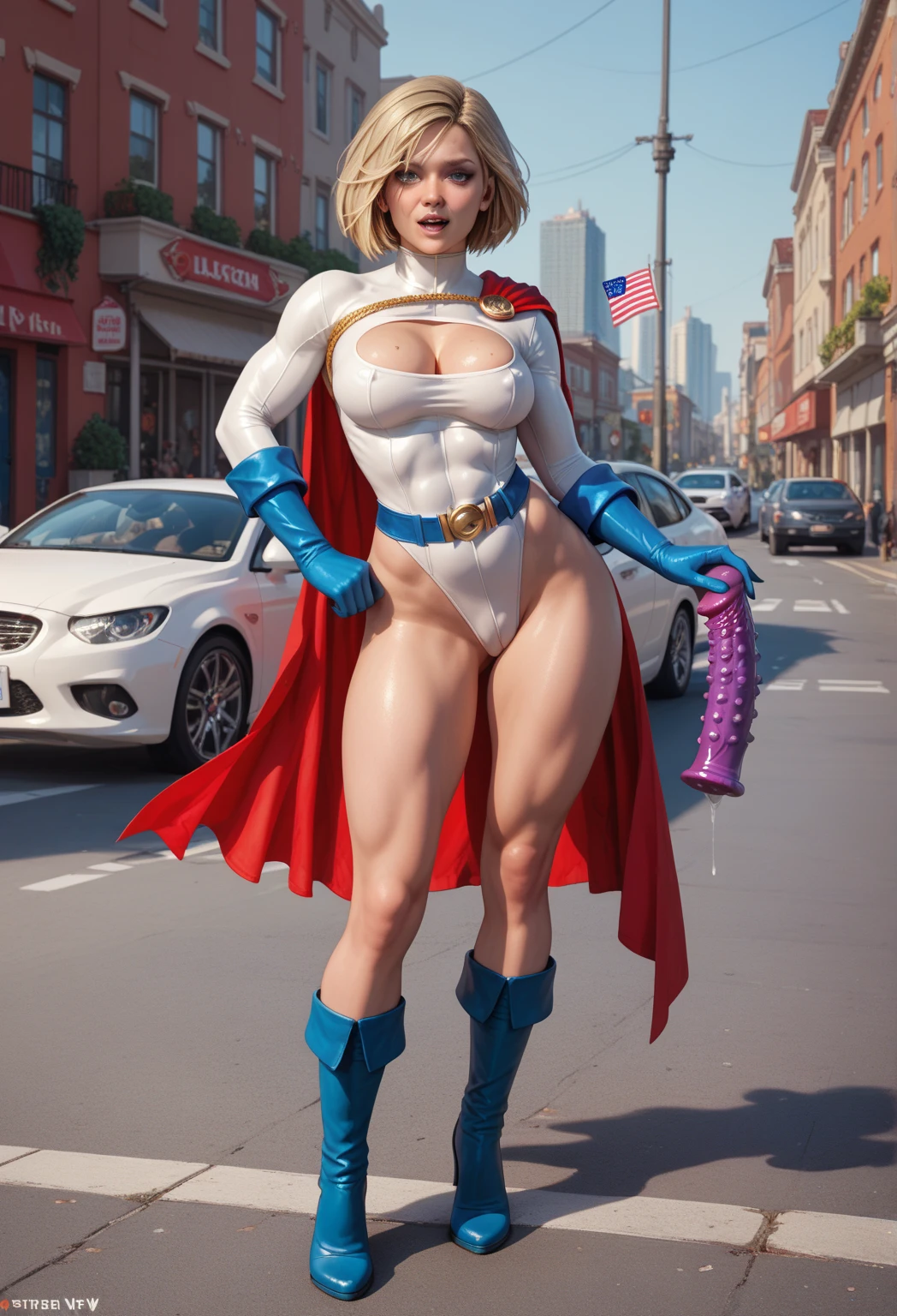 ((masterpiece)), 8k resolution, (((female superhero))), Extremely curvy woman, fit body, (full body from head to toes), ((transparent clothes:1.2)), tight spandex suit, pastel color outfit, nipple exposed, ((cameltoe)), outdoor landscape, burning building, crash site, civil war