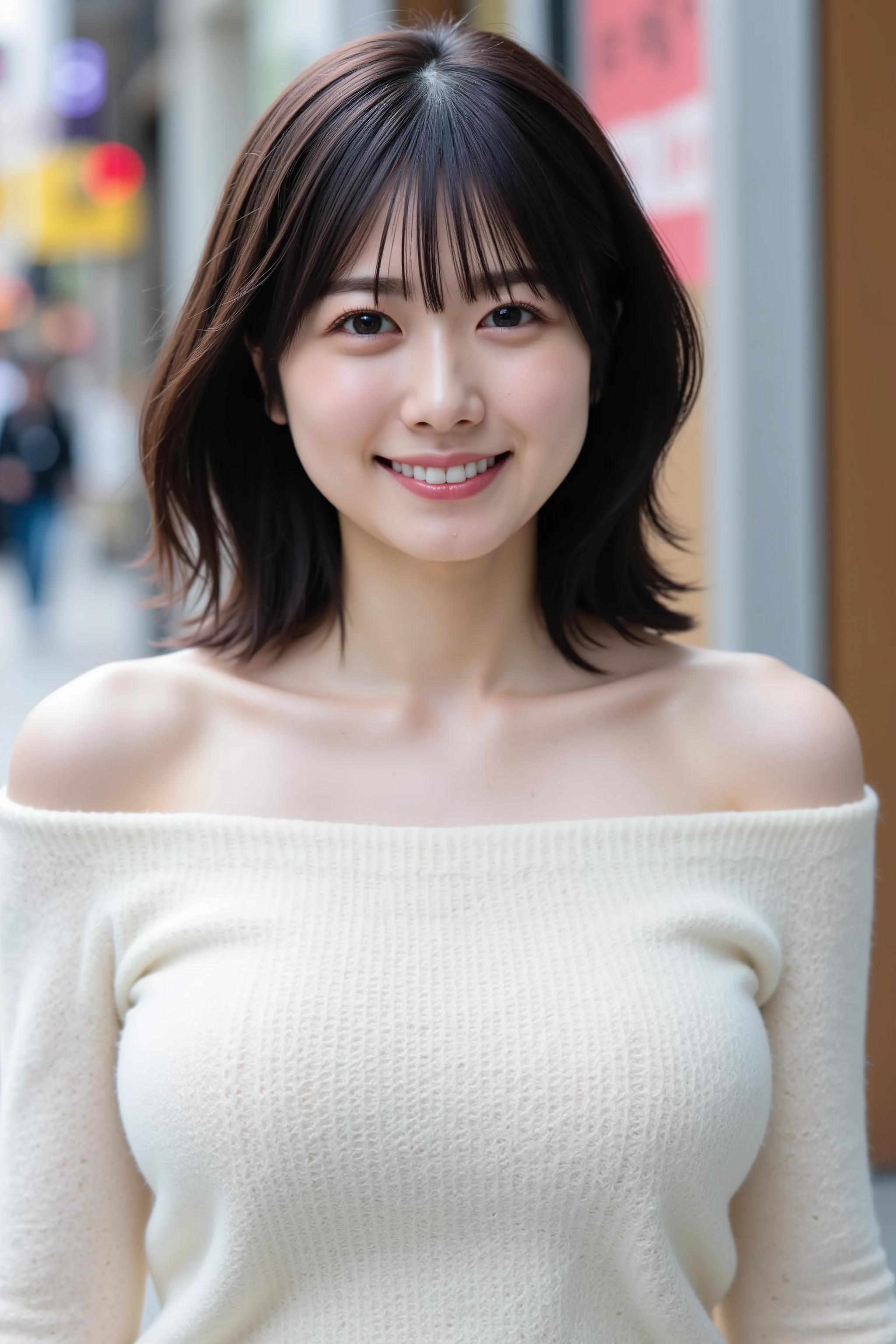 This photo is of a lovely Japanese woman in an off-the-shoulder knitted sweater.
The image is very high resolution, with clear skin texture.
The focus is on her face and it's very sharp.
She is facing forward and her expression is sexy.
Her skin is beautiful, fair, fine-grained, and even. She has shiny black hair.
Her breasts are large and firm.
She is walking down a shopping street in Shibuya. Upper body. Thin waist. Navel is visible.