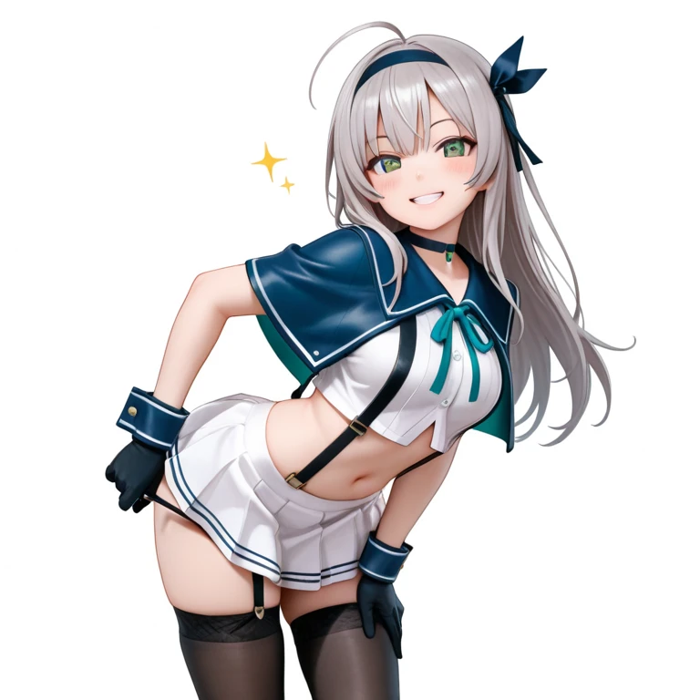 one woman, solo, long hair, breasts, looking at viewer, smiling, open mouth, blue eyes, skirt, simple background, brown hair, knee-highs, gloves, white background, ribbon, navel, animal ears, exposed shoulders, underwear, tail, hair ribbon, ponytail, white hair, :d, thighs, multi-colored hair, pleated skirt, hairband, very large breasts, , large breasts, sleeveless, elbow gloves, fangs, abdomen, striped, white gloves, miniskirt, sailor collar, stomach, two-tone hair, blue skirt, striped hair, crop top, neckerchief, cosplay, skin dentation, high-cut, striped knee-highs, , black hair, hair accessories, gloves, sitting, yellow eyes, thighs, white gloves, exposed navel, thigh straps, heterochromia, skimpy clothing, nun, nun's habit, chest curtain、（nsfw:1.7）