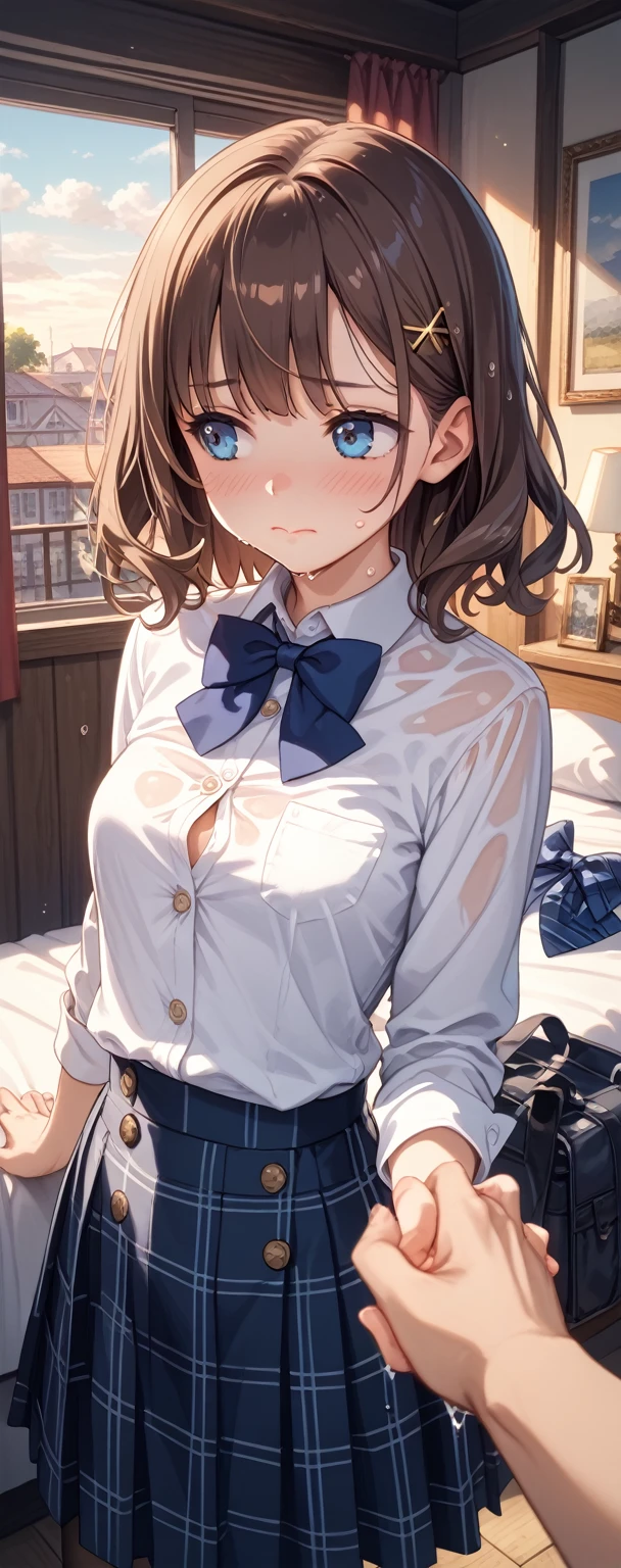 masterpiece, super fine illustration, best quality, light particles, ultra-detailed, 8K wallpaper, (a little girl),(polka dot bra),(polka dot panties), white shirt,black hair, disheveled hair, medium hair, curry hair, earrings,ribbon,shiny hair, shiny skin, classroom, sweat, girl is soaked,blush,embarrassed,sad
BREAK
(burberry check panties),lifted by self,skirt lift