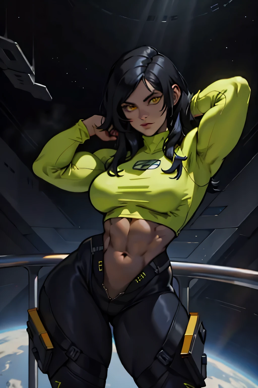 1 girl, black hair, extremely long hair, large breasts, (muscular), thick thighs, solo, yellow eyes, navel, abs, angry, pale skin, see-through