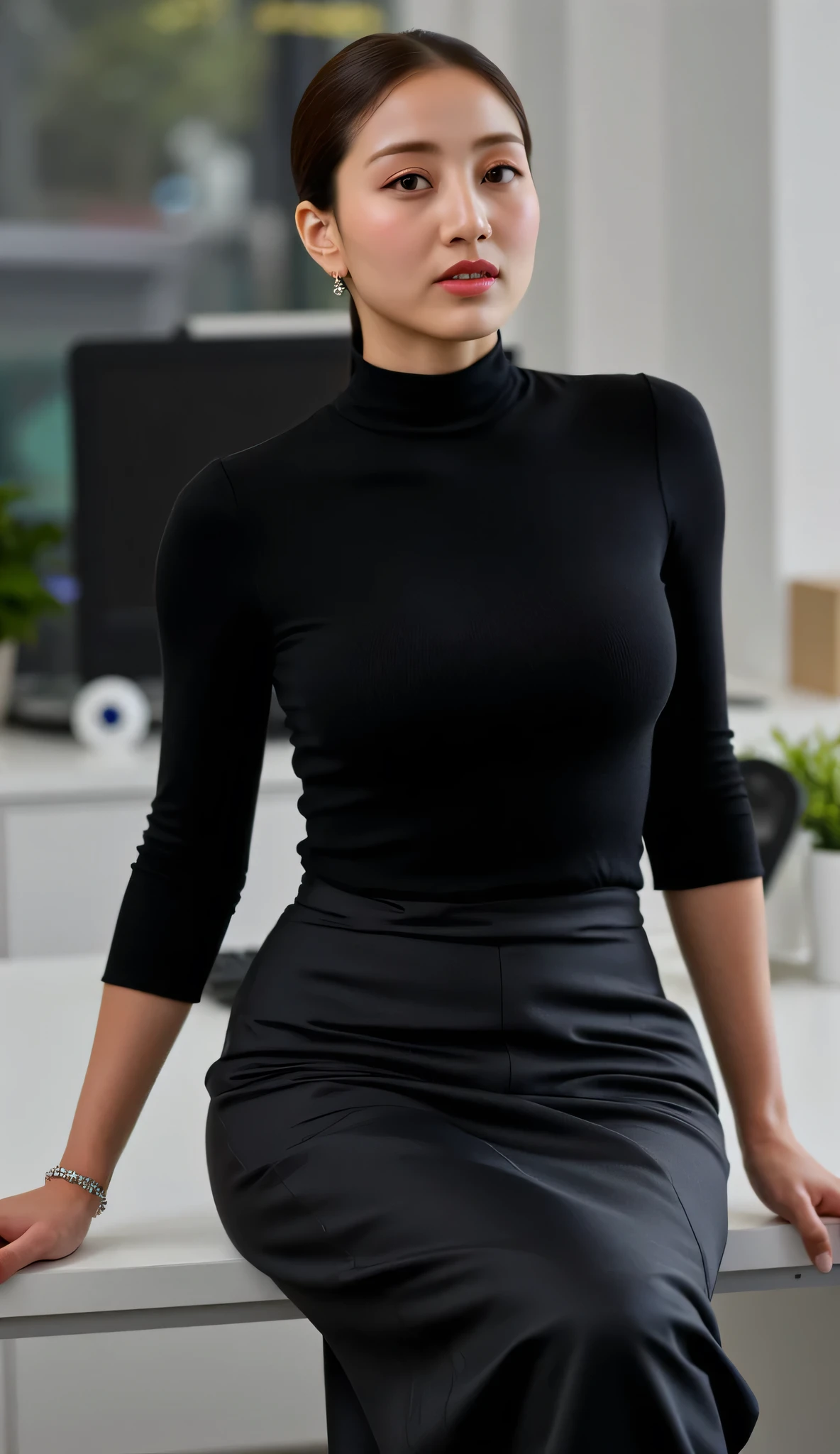 best quality, masterpiece, (Practical:1.2), young woman,a teacher,Above the waist, modern style, Delicate face, delicate eyes, Detailed Brunette Bun,Strict expression, Delicate skin, (Detailed gray turtleneck long-sleeve sweater:1.2),(Look at the audience, Dramatic, energetic, Clear focus,(ruins),50 mm,F1.2, EOS-1D X Mark III,permanent,(The background is classroom),blackboard,platform,(Sunset),(Small Breasts:1.2),(nipple:0.1)