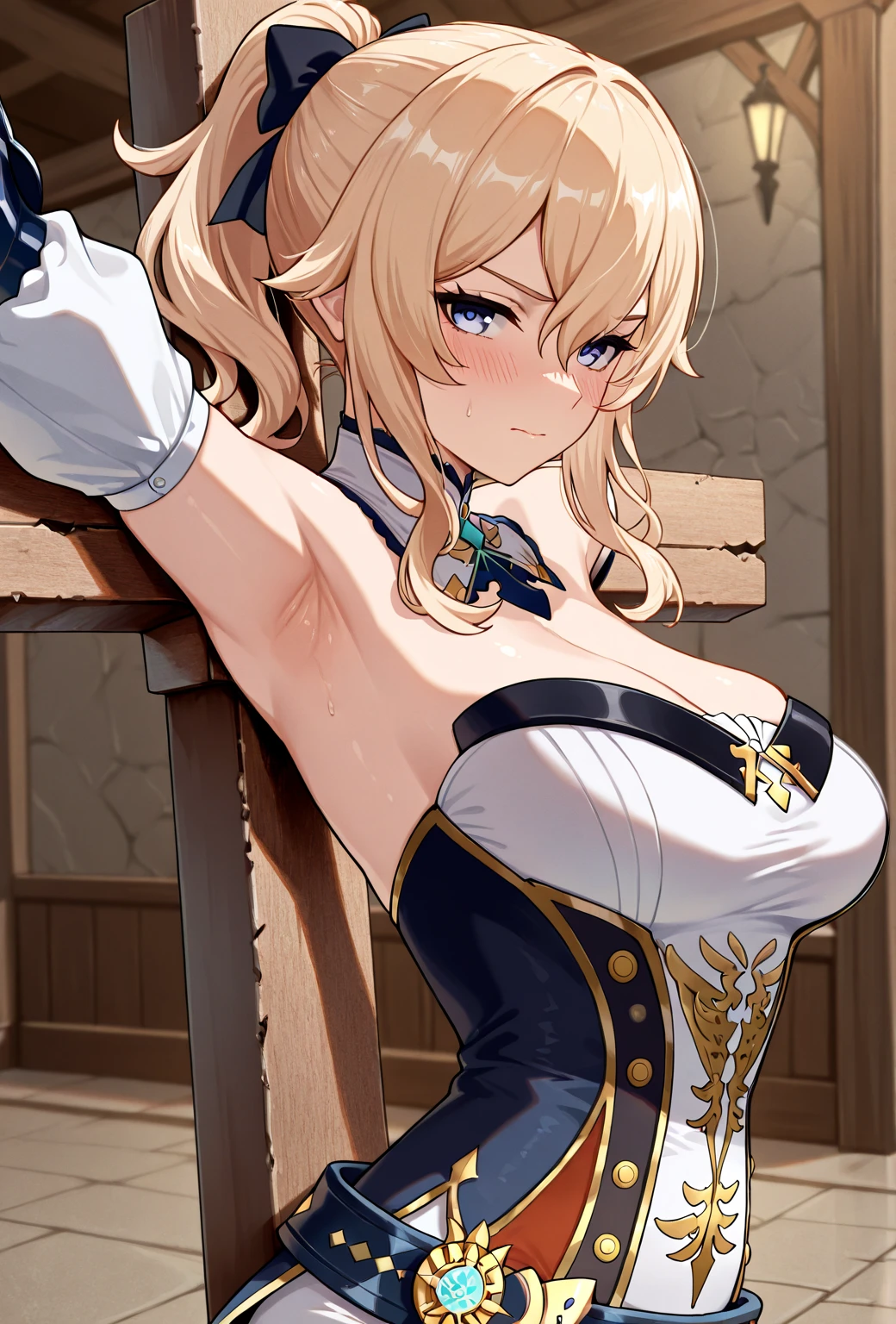 (dynamic angle:1.3, front view:1.1, breast focus:1.3, from below:1.2), (dynamic posing:1.5, sexy posing:1.2, leaning forward), (seductive smiling:1.3), beutiful woman, 1girl,fullbody, happy, (with sparkling eyes and a contagious smile:1.2), red face, closed mouth, beautiful detailed eyes, super detailed skin, backlighting, bare shoulders, black background, black dress, black gloves, black hair, breasts, dress, earrings, fingerless gloves, floating hair, floral print, flower, gloves, gold earrings, gold hairband, hair flower, hair ornament, hairband, holding, holding two-hands knife weapon, jewelry, large breasts, long hair, looking at viewer, off-shoulder dress, off shoulder,blue eyes, short hair with long locks, sidelocks, solo, spikes, thighs, two-sided dress, two-sided fabric, weapon, fighting stance , face, close up, from above, highest quality, high resolution,Real World, Natural light,perfect Natural light,looking at viewer,The bar is beautiful, with colorful bottles of alcohol in the background and a soft glow from neon lights.