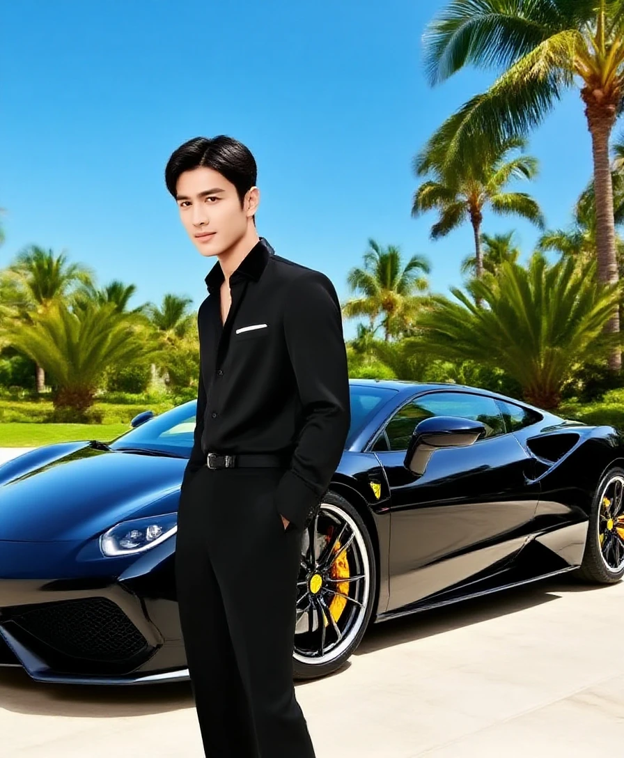 A handsome boy，Very rich，Wearing gold and silver，And sports cars，Wearing a brand name watch，Showing off wealth