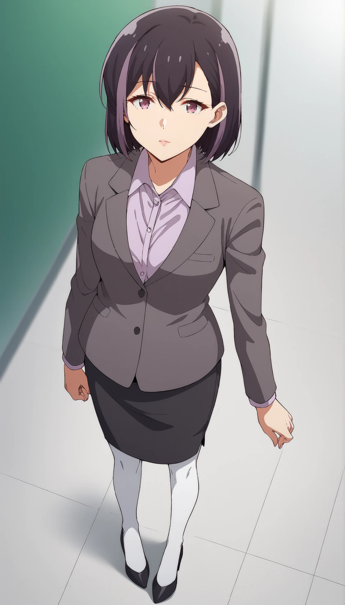 score_9, score_8_up, score_7_up, source_anime, 1girl, solo, looking at viewer, blurry background, fullbody, from above, standing posture,rika honjouji, purple hair, black hair, multicolored hair, short hair, hair between eyes, purple eyes,work uniform, collared shirt, suit, long sleeves, pencil skirt, white pantyhose, black high heels,rouge lips ,medium breast