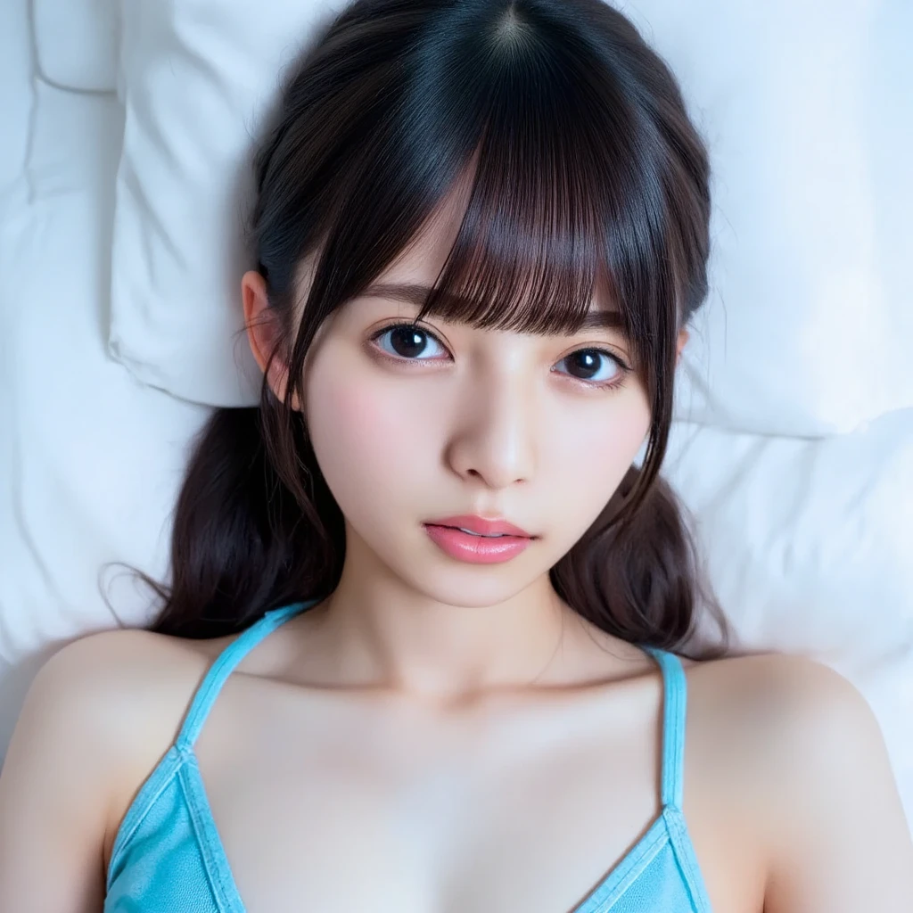 masutepiece, Best Quality, 8K, 10yaers old, Teen, Raw photo, absurderes, award winning portrait, Smile, Solo, (Night:1.8), Idol face, violaceaess, Delicate girl, Upper body, Digital SLR, Looking at Viewer, Candid, Sophisticated,Thin arms, Professional Lighting, Film grain, chromatic abberation, (Eyes and faces with detailed:1.0), (Bokeh:1.1) , Distant perspective , bed , laying on back , Perspective from above , closes mouth , Light blue bra , A dark-haired , dishevled hair, tiny chest , Dressing ,short-hair
