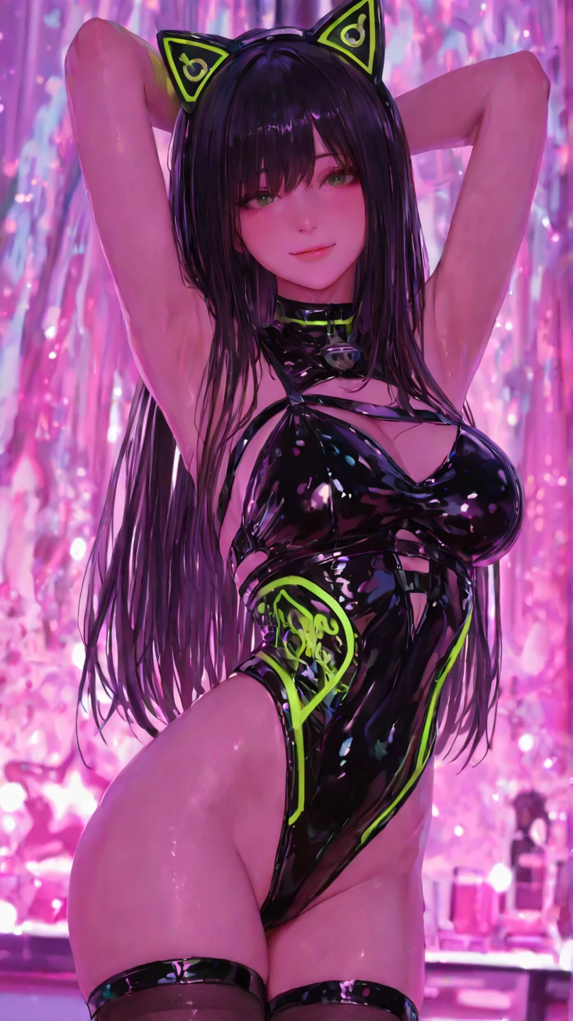 8K、erotic photograph, 18 yo Japanese woman, ((( Woman in transparent vinyl latex))) shinny skin、Navel, Stomach exposed, sheer transparent crop top, Breast opening、small breasts, perfectly formed breasts, fully body length photo、Outstanding body style、Metallic Rainbow Hair、Futuristic city, cyberpunk, topless, rgb, led, rave, rave festival, night, light rays,