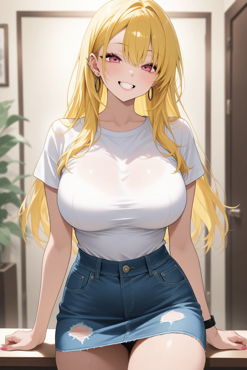 Chica de anime con cabello largo y rubio con camisa blanca y pantalones cortos azules, OPPAI, biomechanical oppai, official anime still, Proporciones OPPAI, con unos pechos grandes, Omina Tachibana, seductora chica de anime, Chica rubia de anime con cabello largo, Mejor chica del anime, pechos grandes!!, pechos grandes!, con senos grandes,
