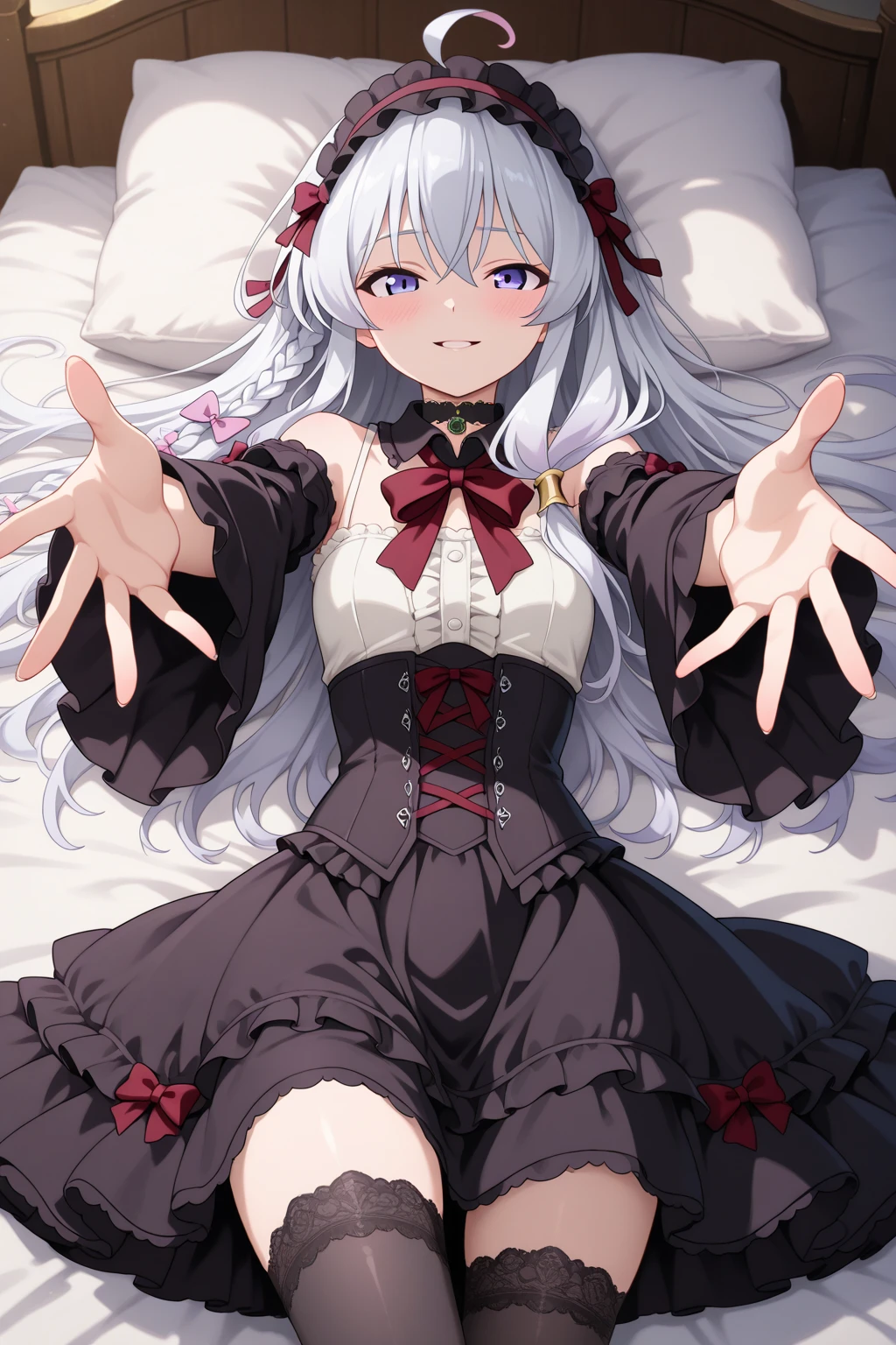 masterpiece, best quality, <lora:SuperCreekMummyCostumeBandagesV1:1>,
1girl,solo,huge breasts, white hair, red eyes, very long hair,
mummy costume, bandages,frilled choker, hair ornament,frilled skirt, navel, lying on back, bed sheet, dakimakura \(medium\), smile,