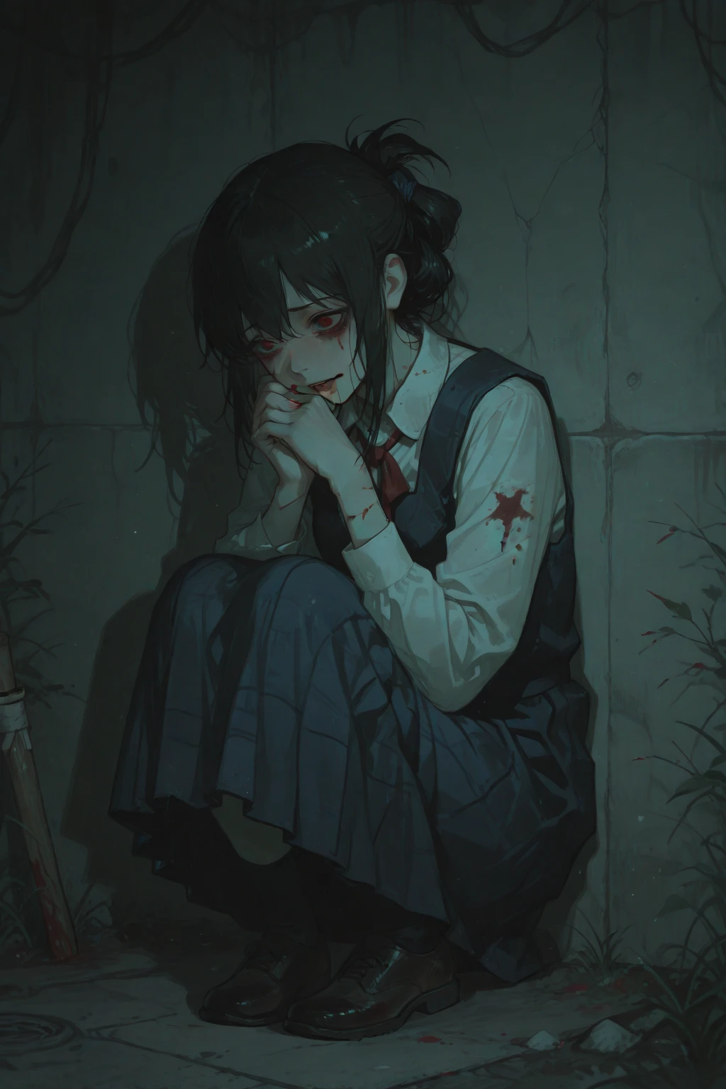 ((Yoru)), sitting,was, annoyed,clothes and school, bright Eyes, circular pupils,dark background, dark environment, Dark style, dark outline, fondo bright Eyes, atmosphere horror horror,dark art,Long Hair