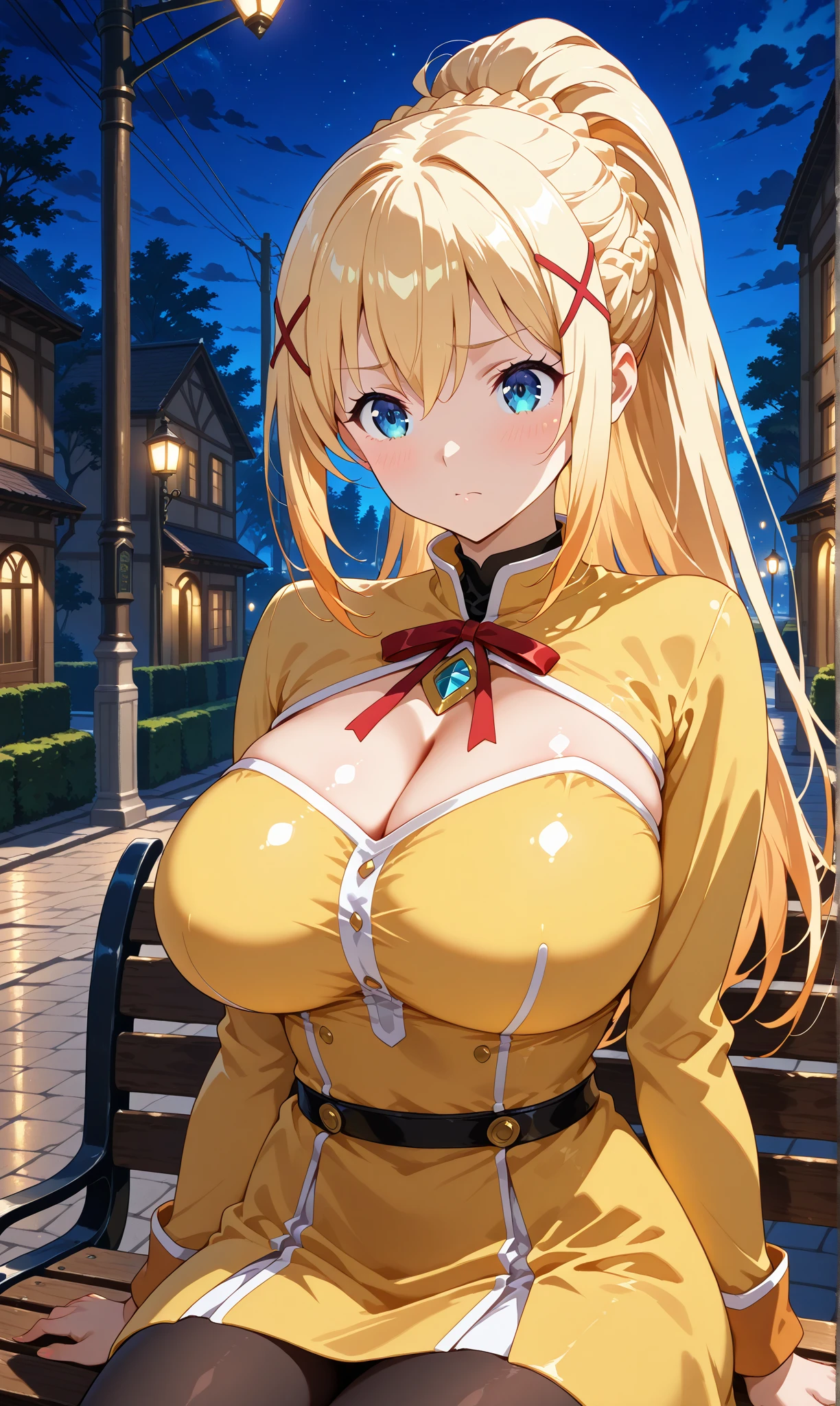 highest quality, High resolution, One girl, Long Hair, Blonde, x hair ornaments, blue eyes, Wolf Cut, hair ornaments,darkness \(KonoSuba\), Large Breasts, city, Outdoor, Angry face,nude,Sex