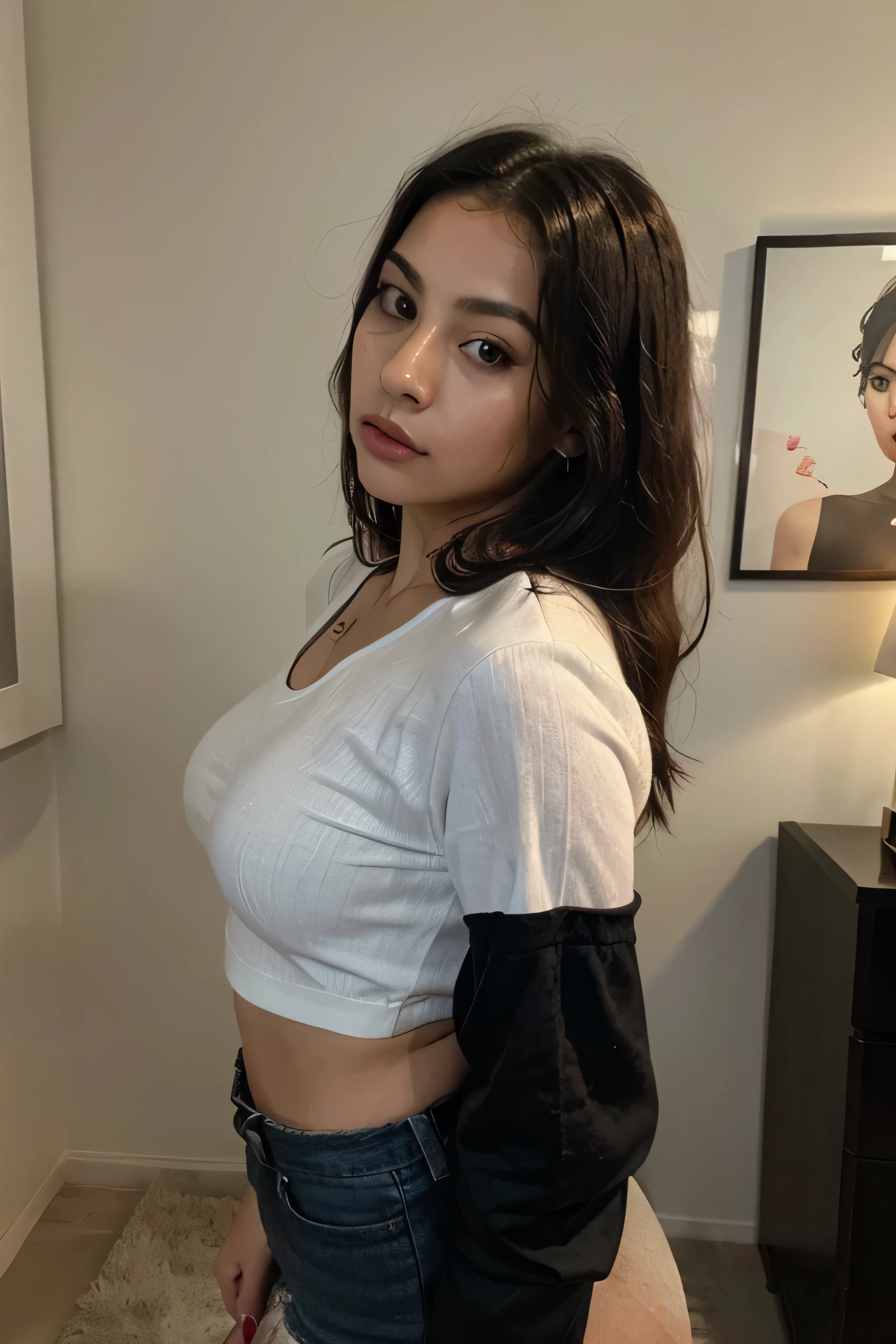 best quality, ultra high res, (photorealistic:1.4), 1girl, off-shoulder white shirt, black tight skirt, black choker, (brown hair messy bun:1), (medium breasts), looking at viewer, closeup, cute yet sexy 26 year old indian woman with wavy brown hair, detailed eyes, luscious lips, Her dark brown skin glows with a natural warmth, adding to her allure, best ratio, Beautiful Skin, Attractive, Ultra High Resolution