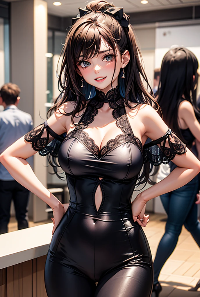 masterpiece, top-quality, the Extremely Detailed CG Unity 8K Wallpapers, Ultra-realistic 8kCG, perfect artwork, The perfect female figure, Dramatic shadows, (Perfect ligthing, Detailed light, (((1girl))), ((long straight black hair)), Model body type, large full breasts, huge breasts, ((cute face)), black eyes, (looking at viewer), (beautiful eyelashes), horny face, blushing, embarrased, Beautiful face, (beautiful chest line:1.2), (cleavage), beautiful a girl, Exquisite facial features depicting the perfect face, blushing, Naturally beautiful, sexy, erotic, curvy body, Light and beautiful thigh, (bunny outfit), garter belts, stockings, detailed, realistic light and shadow, 8K resolution, (glistning skin:0.9), perfect hand, full body camera shot, full body