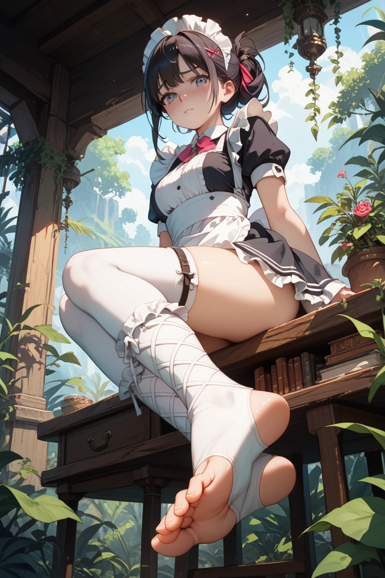 masterpiece, ultra detailed, 8k portrait, RAW photo, portrait photography, highly detailed face, beautiful and meticulous eyes, smile, dark blue hair, long hair, blue eyes, slender, white hair ribbon, (dark blue French maid costume:1.5), white tights, half boots, hands up, spread legs, squatting on teapot, (holding a tea set:1.5), by the old castle, in mid night, from behind, (no panties:1.5), (realistic pussy:1.5), pubic hair, (piss into the teapot:1.5),