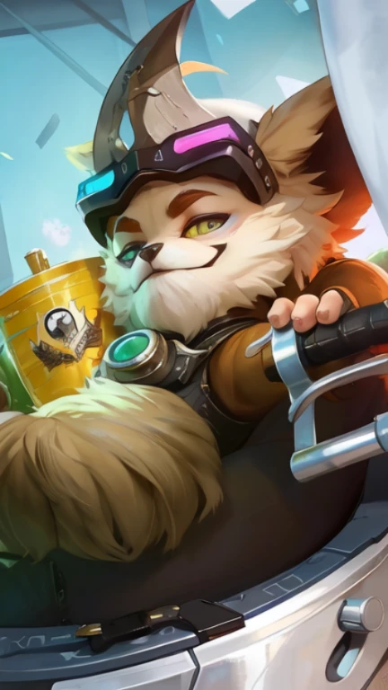 a close up of a Fox in a helmet riding a motorcycle, teemo, splash art, league of legends splashart, teemo from league of legends, league of legends splash art, furry fantasy art, furry paw pov art, cat summons a spaceship, inspired by Jules Chéret, a portrait of junkrat, anthro paw pov art, holding snacks in hand