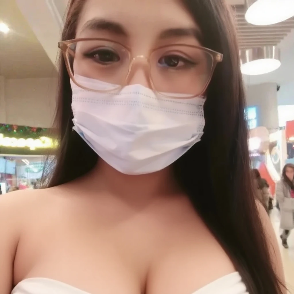 Full body nude asian girl giant boobs completely nude public transport face mask glasses off shoulder hair choker