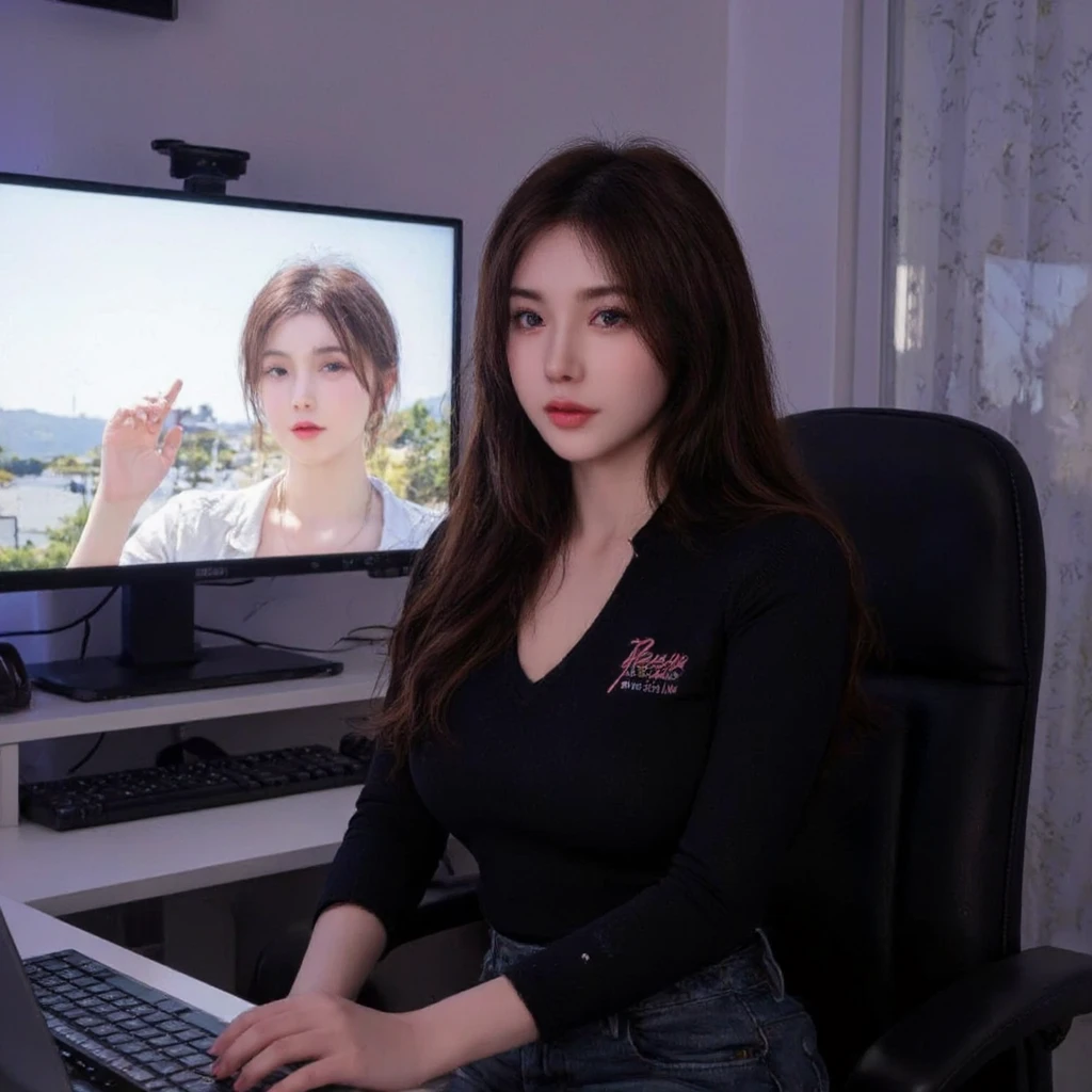 (Bird-eye perspective : 1.5), (((SFW : 1.2))), (intricate details:1.2), (masterpiece:1.3), (top quality:1.4), (Ultra A high resolution:1.2), 8K resolution, dark, (high quality), A woman is filming a Twitch broadcast, korean, 23 years old, fairly thin body, femme fatale makeup, thin waist, thin and pretty legs, fan service, hair turned to one side, bang, she being weared bunny girls dress, pantyhose, Personal broadcast interface screen, BJ, female Cam, on a private broadcast., Shooting equipment, various props, Room for personal photography purposes, sitting in a chair at the computer desk, a faint smile, cowboy shot, looking downward, she is taking to broadcast microphone on desk, Her video is broadcast to viewers, Chat communication with viewers, Show chat log, Show viewers list, twitchchat, language is Korean, interface color is white