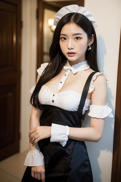 (hyperrealistic), (illustration), (high resolution), (8K), (extremely detailed), (best illustration), (beautiful detailed eyes), (best quality), (super detailed), (masterpiece), (wallpaper), (detailed face), solo, (dynamic pose), 1 girl, white wavy hair, korean, heterochromic eyes, small moles under the eyes, ((apron)), big breasts, long legs, tightens abs, (camel toes), (black stockings), (no panties), (no bra)