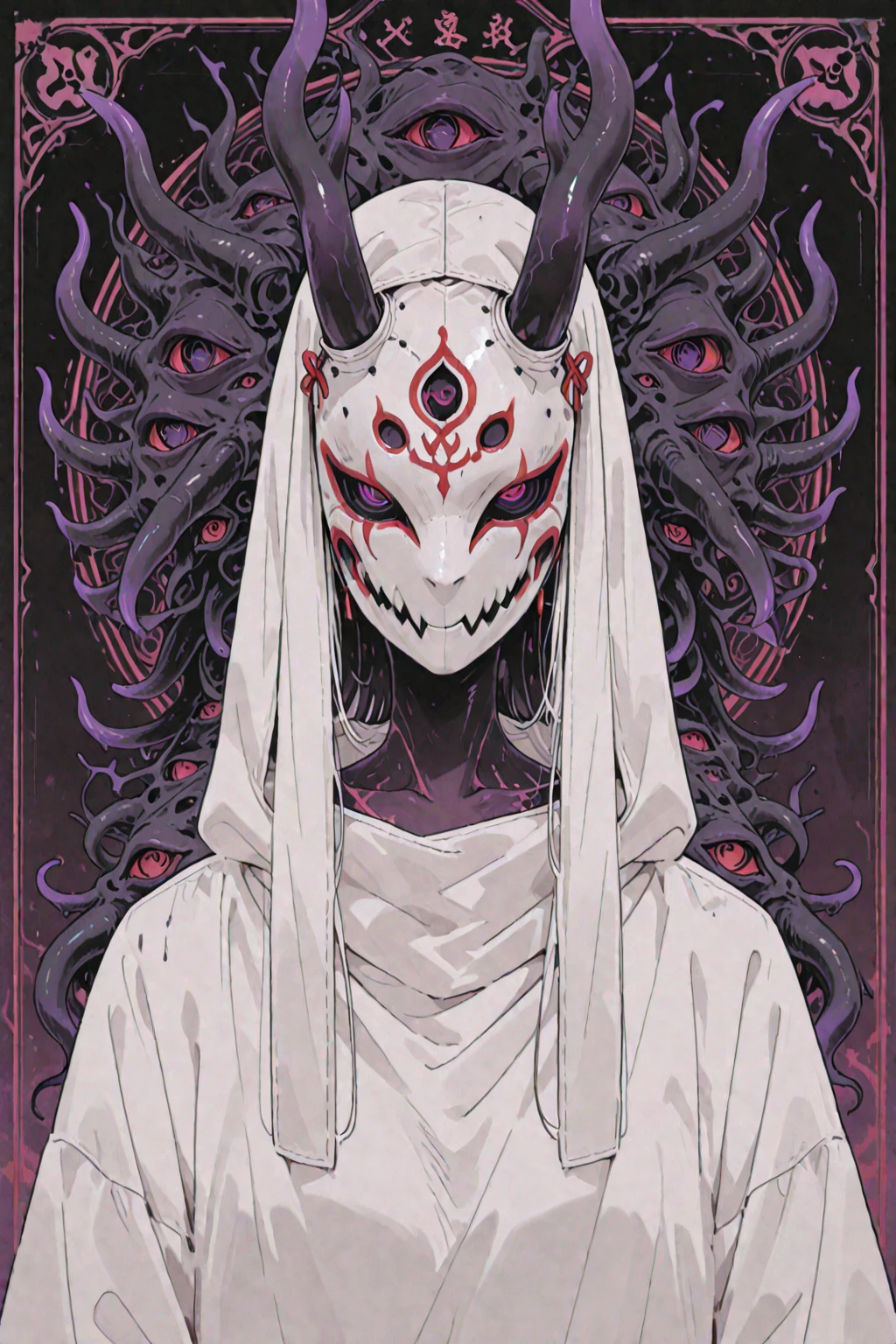 horror skull dokuro faced"traditional wafuku″monster, Japanese youkai monster, undead style, dark skin tone, red eyes and lips, 8k,dynamic angle
