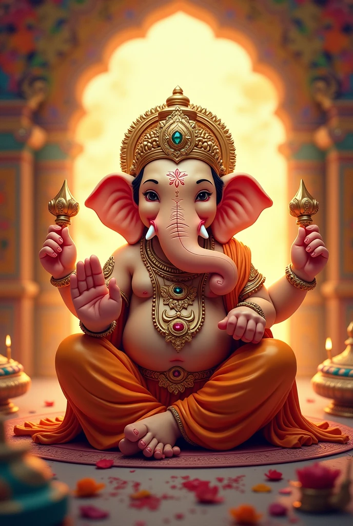 Lord Ganesh, leg near rat, with Pooja elements