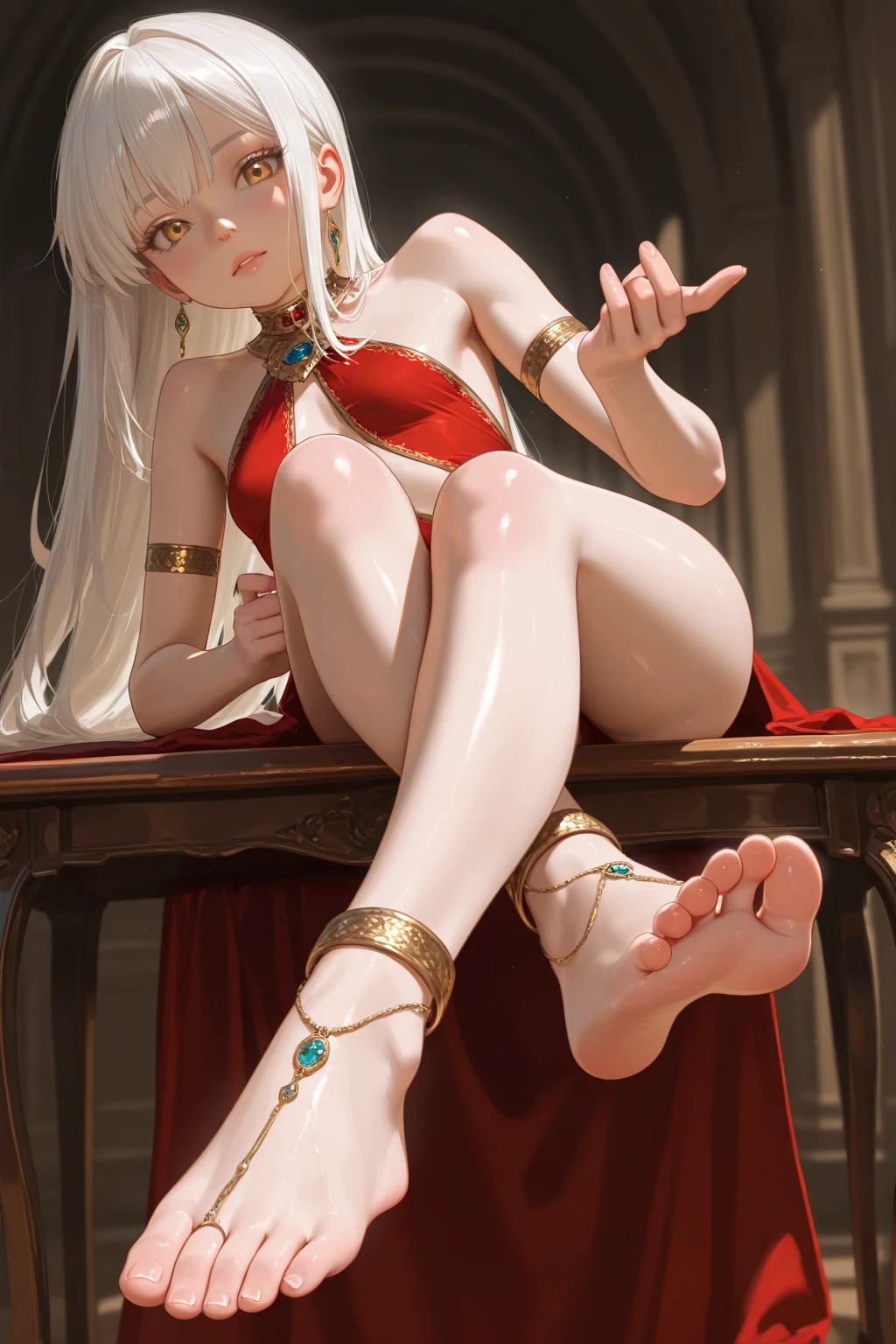 Anime - Stylistic image of a woman sitting cross-legged on a throne, 8K high quality detailed art, Anime goddess, beautiful anime girl crouching, trending on cgstation, anime barbie in white stockings, 4 K detail fantasy, beautiful and seductive anime woman, the anime girl is crouching, 2. 5 D CGI anime fantasy artwork