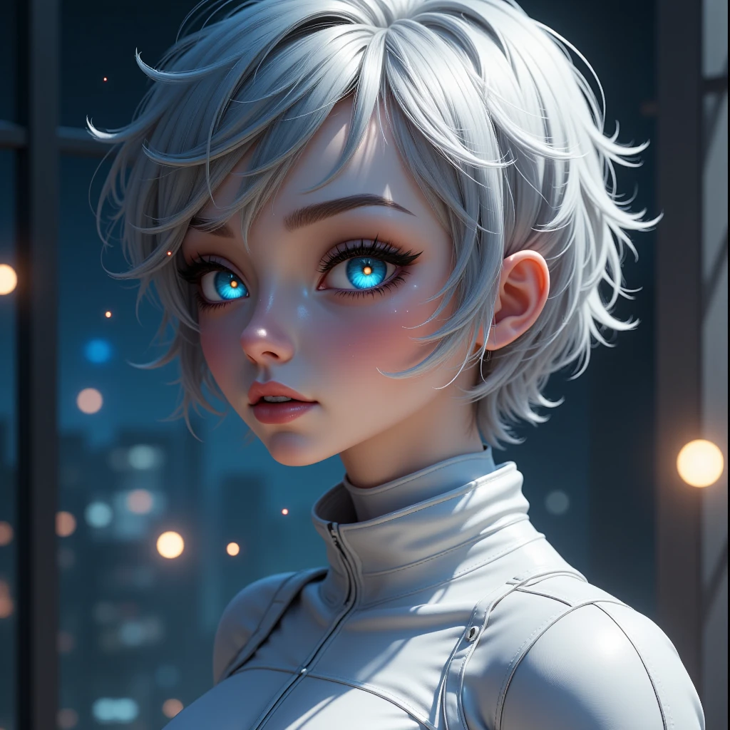1 girl, White hair, Long hair, blue eyes, neutral colors, flirtatious expression, looking at the camera, big breasts, very tight black sweater, Flushed face, light smile, shy girl, many details, slightly marked abdomen, Long pants