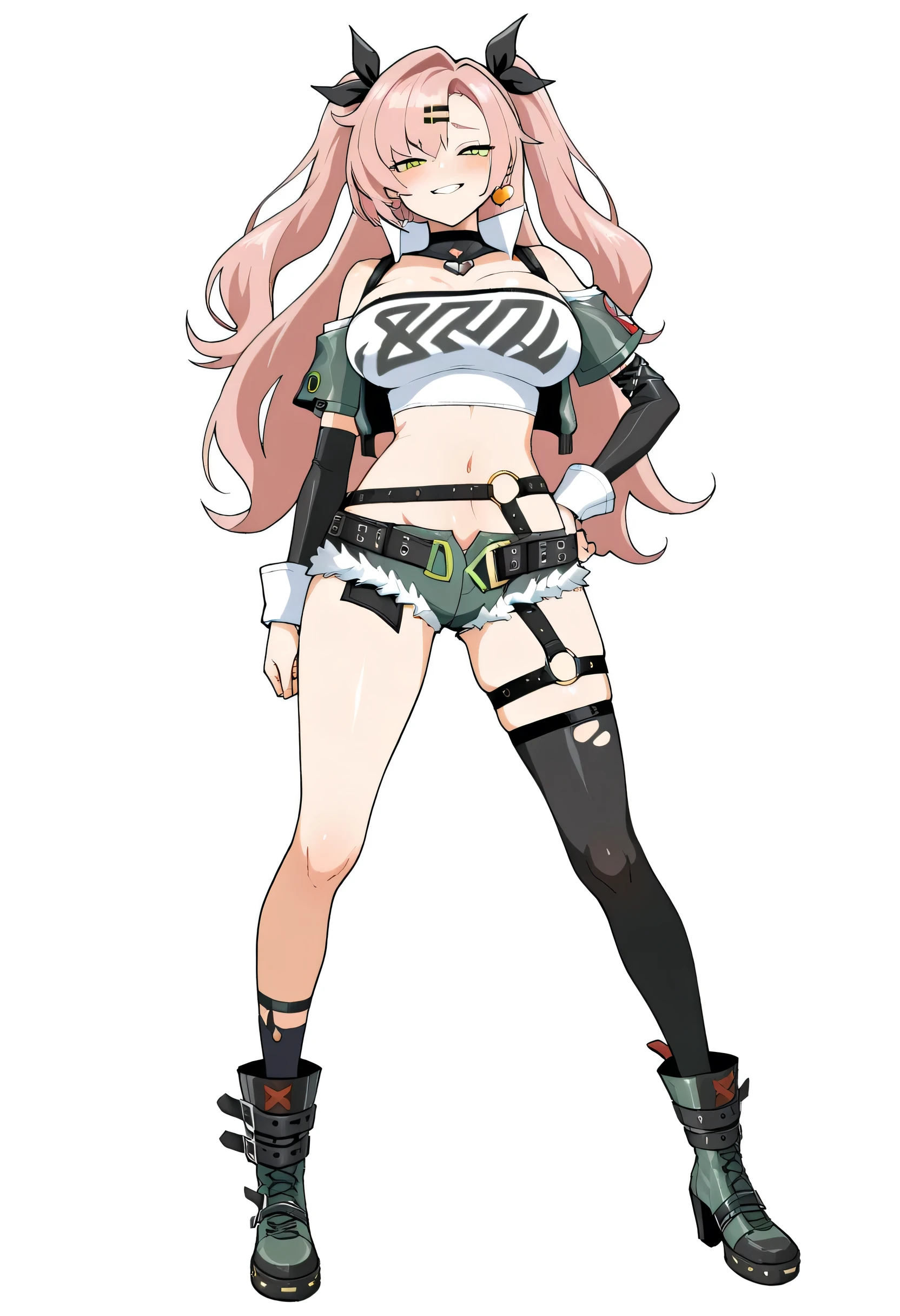 (henriiku \(ahemaru\):1.0), masterpiece, best quality, looking at viewer , standing, 1girl, (nicole demara \(zenless zone zero\), pink hair, long hair, tube top, single thighhigh, short shorts, cropped jacket, belt boots, hair ribbon, hairclip, two side up, earrings, single sock, high belt, thigh strap, detached sleeves , black collar, boots , full body , big breasts, naughty face, blush, standing with limbs apart ,
(Simple background), white background