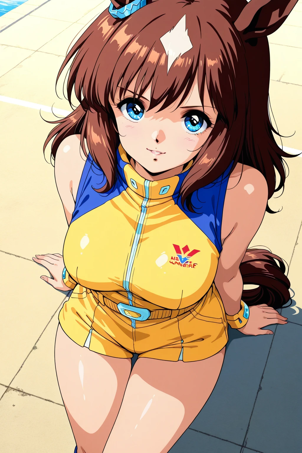 masterpiece, best quality,8k wallpaper, blue eyes,kousaka honoka, (pink tight crop top), breasts , cape,elbow gloves, (pink latex pants), in jungle , solo,earrings, sitting ,(spread legs:1.3), ass visible through thighs