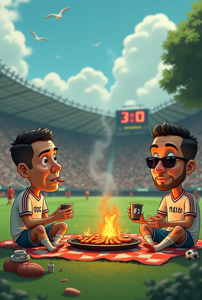 Créer une image pour le paris sportif . Il est censé y avoir deux  homme sur la photo et des femmes en bikini, un de race blanche et blon et l autre de race noire. est&#39 un porte une tenue de tennis  et l autre porte une tenue de foot avec ecrit sur le maillot floqué RONALDO avec le numero 7 que dans le dos du maillot  . Devrait-il porter une magnifique pièce d&#39;argent. Dans la main gauche, il devrait avoir une raquette de tennis  et l autre un ballon . sur l&#39;image, vous devriez voir une tele avec du sport  en arrière-plan , il devrait y avoir des liasses de billets partout dans la piece , il devrait y avoir des fauteuils de roi dont lequel sont assis les deux hommes  rester, et le tout devrait être en dessin animé et bien mettre une personne de race blanche et l'autre de race noire. , La personne blanche est blonde sans barbe , les deux  hommes sont vue  de dos , au dessus de la tele il doit il y avoir marqué + 10000$ et un des deux hommes saute de joie et il doit aussi avoir du champagne sur la table. l homme de race noire doit avoir une moustache et un peu de barbe et l homme de race blanche n a pas du tout  de barbe et il doit y avoir des femmes sexy dans la piece