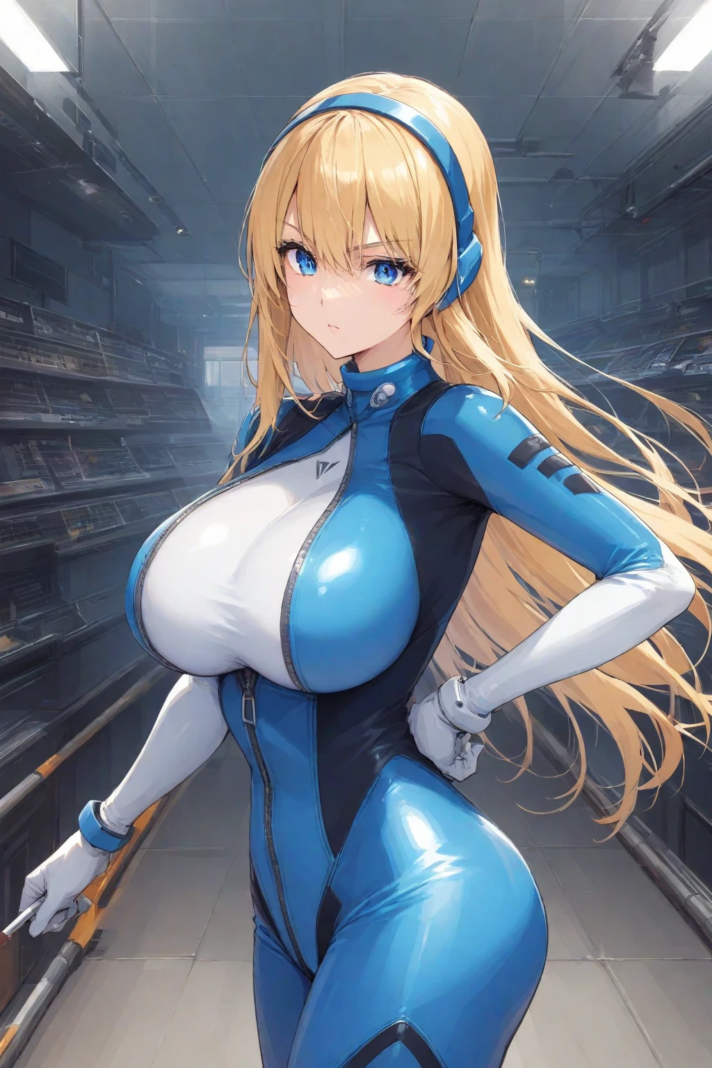 GBReiko,reiko holinger,1girl,solo,standing,(looking at viewer:1.2),(upper body:1.3),smile,(arms behind back:1.4),bare shoulders,breasts,large breasts,bow,white bow,ribbon,hair ribbon,white ribbon,twintails,short twintails,blonde hair,green eyes,zipper,(blue leotard:1.3),highleg,highleg leotard,belt,loose belt,gloves,red gloves,fingerless gloves,thighhighs,white thighhighs,brown footwear,boots,high heel boots,high heels,indoors,office,window,monitor,computer,tiles,scenery,desk,room,office chair,box,tile_floor,sunlight,<lora:Reiko_Holinger_V1.0:0.7>,
