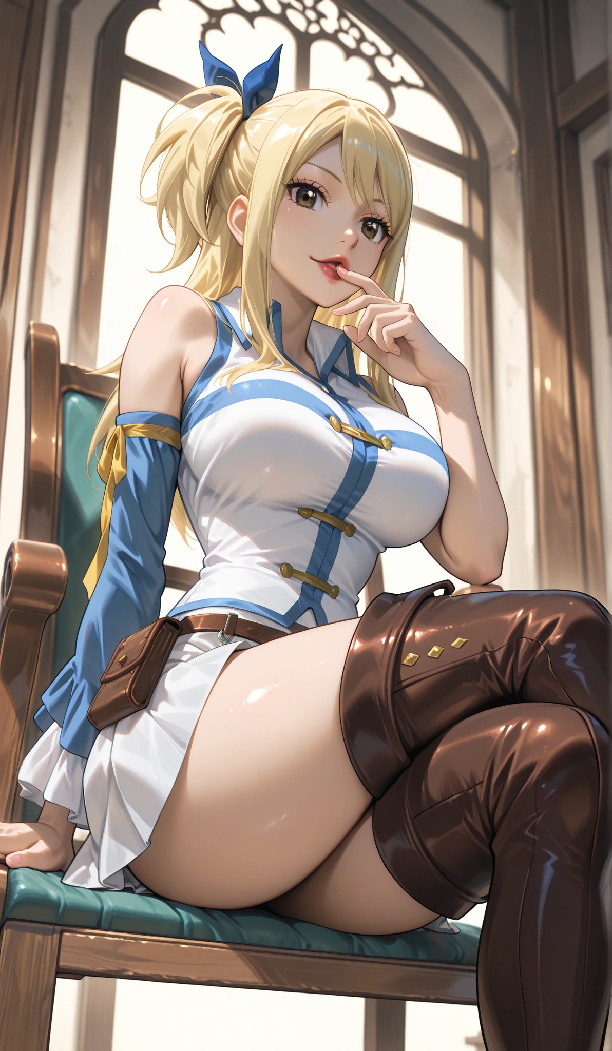 masterpiece, best quality, highres, lucy heartfilia, blonde hair, long hair, side ponytail, blue ribbon, large breasts, earrings, thigh boots, blue shirt, sleeveless shirt, white skirt, room, sit, sofa, day,