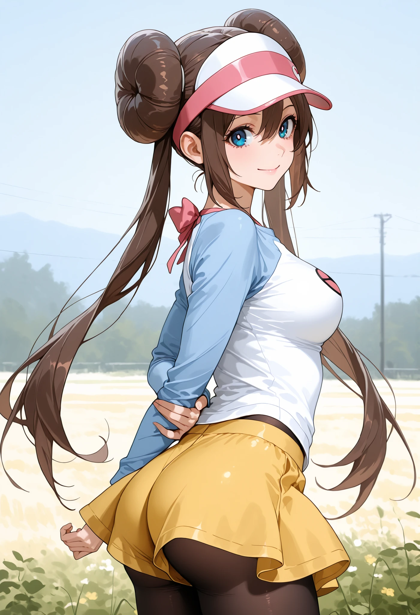 score_9, score_8_up, score_7_up, nh, 1girl, solo, smile, arm behind back, holding arm, outdoors, rocks, rosa, brown hair, double bun, hair bun, blue eyes, hair between eyes, twintails, pantyhose, pantyhose under shorts, raglan sleeves, yellow skirt, white shirt, blue sleeves, visor cap, looking at viewer, cowboy shot, ass, at side, medium breasts