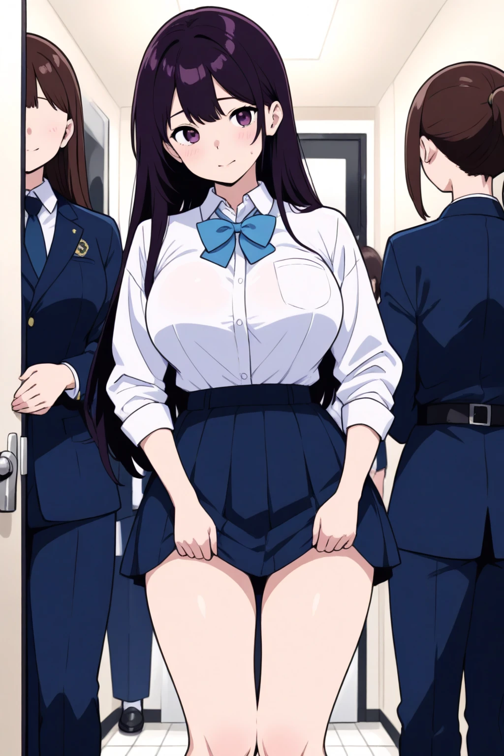 score_9, score_8_up, score_7_up, source_anime,
Komi shouko,
1girl, shy,
Black hair, long hair, purple eyes, collared shirt, white shirt, blue blazer, (red skirt), striped skirt, (((tights))),
standing, looking at viewer,
indoors, classroom, blurry background, (big ass), skirt lift, panties, shy, blushing