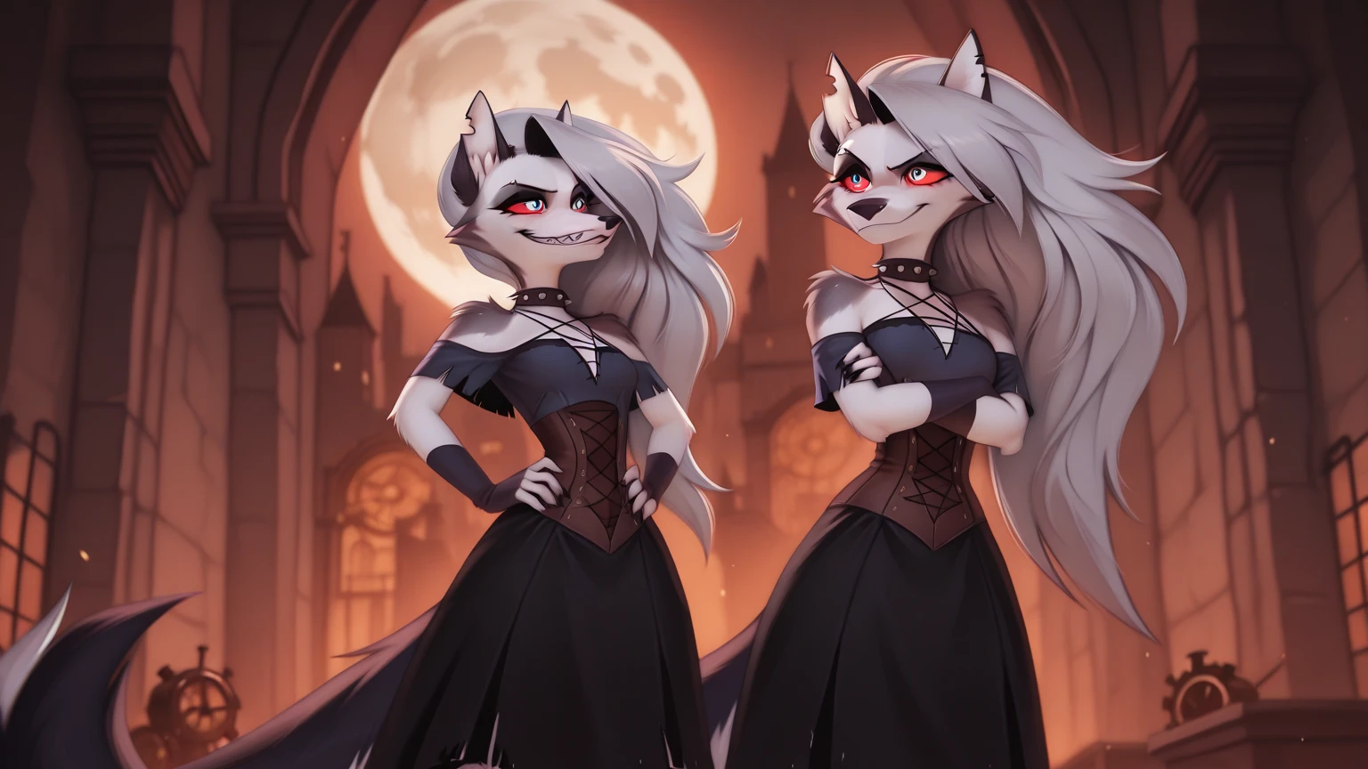 White and black fur anthropomorphic female fox in tuxedo, with different eye colors on cane, with red glow in eyes, two hands, looking fierce, dark iron forest background
