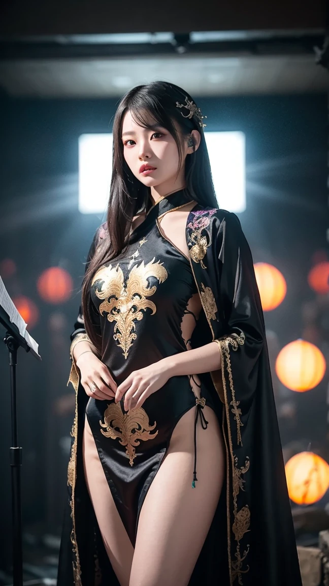 (highest quality、4K、High resolution、masterpiece: 1.2)、Very detailed、Genuine、Cowboy Shot、Bright colors、Studio Lighting、Sharp focus、Professional、Beautiful fine details、Beautiful lip detail、Very detailedな目と顔、Long eyelashes、Very detailedな腹筋、Porcelain-like skin、Correct Anatomy、Best Makeup、Best Hairstyles、1 person 、beautiful girl、15 years old、Breathtaking beauty、The top idol among the top、Dance vigorously、(Oiran costume:1.4)、Dome Tour Final Performance、On a stage equipped with a luxurious concert set、in front of a packed audience、Looking at the camera、belly button