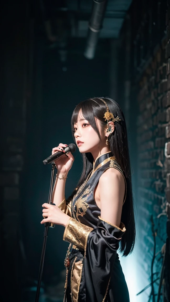 （filmgrain：1.4），（Fuji colors：1.2）, No makeup，Clear pores，1 cute Japanese girl, 26 year old, Solo, Extremely detailed eye clarity，Detailed skins，Realistic skin texture，Real skin texture，Highly Detailed Face and Skin Textur，(D cup，broad shoulder，Small round buttocks，Small head, Slender thighs, Slender calves, Wear traditional Vietnamese clothing/Metal jewelry/eye glass), (Short flowing black hair/Explosive head), (Feel free to express it)，(Girl playing electric guitar/Sing with your mouth open/The girl looks at the camera/microphones/ Stand), Beautiful starry sky, themoon, 真实感：1.3，Low Angle Lens, Dynamic shots:1.4, Ultra photo realsisim，Photo realism，Add noise:1.5, Doji diffraction, Dynamic action:0.5，