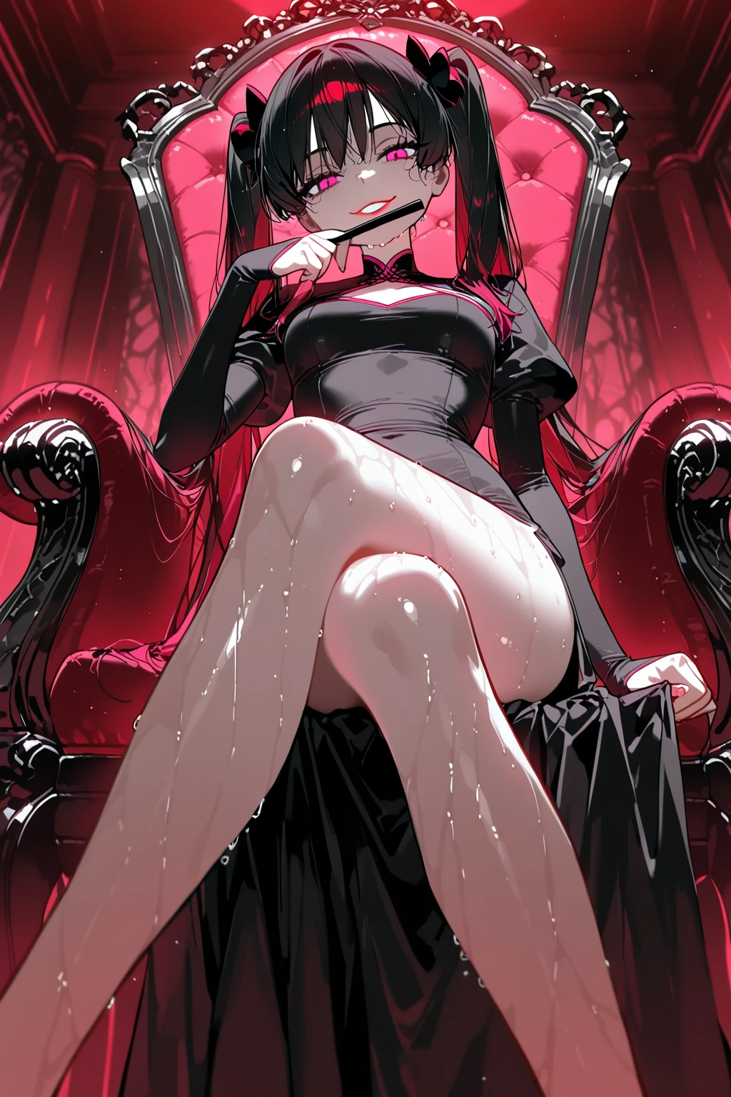 Dark style, black hair, white skin, red eyes, long hair, bangs，underwear，succubus，sitting，Sweat，Soaked，transparent，open legs