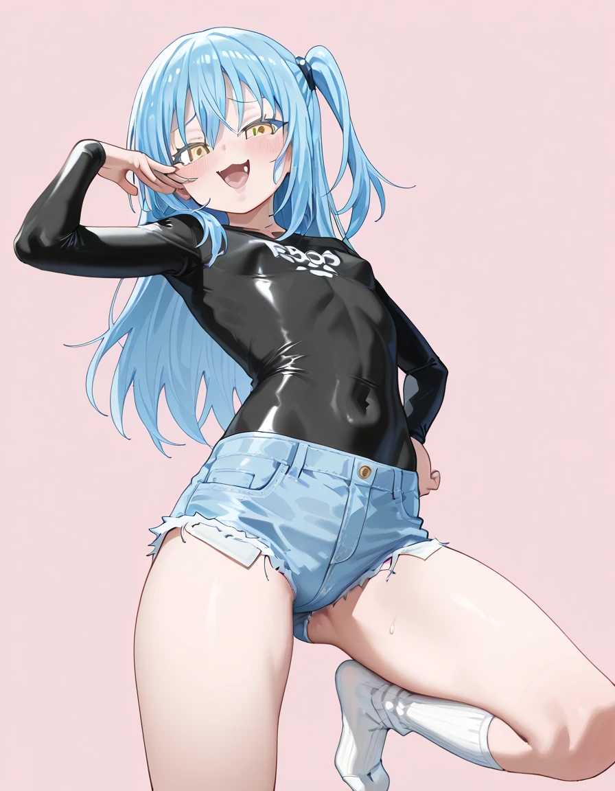 score_9, score_8_up, score_7_up, perfect face, perfect eyes, 1 girl, medium breast, blunt bangs, twintail hairstyle, smug face, hands on hips, latex clothes, latex shorts, thigh highs, exposed shoulders, in a room