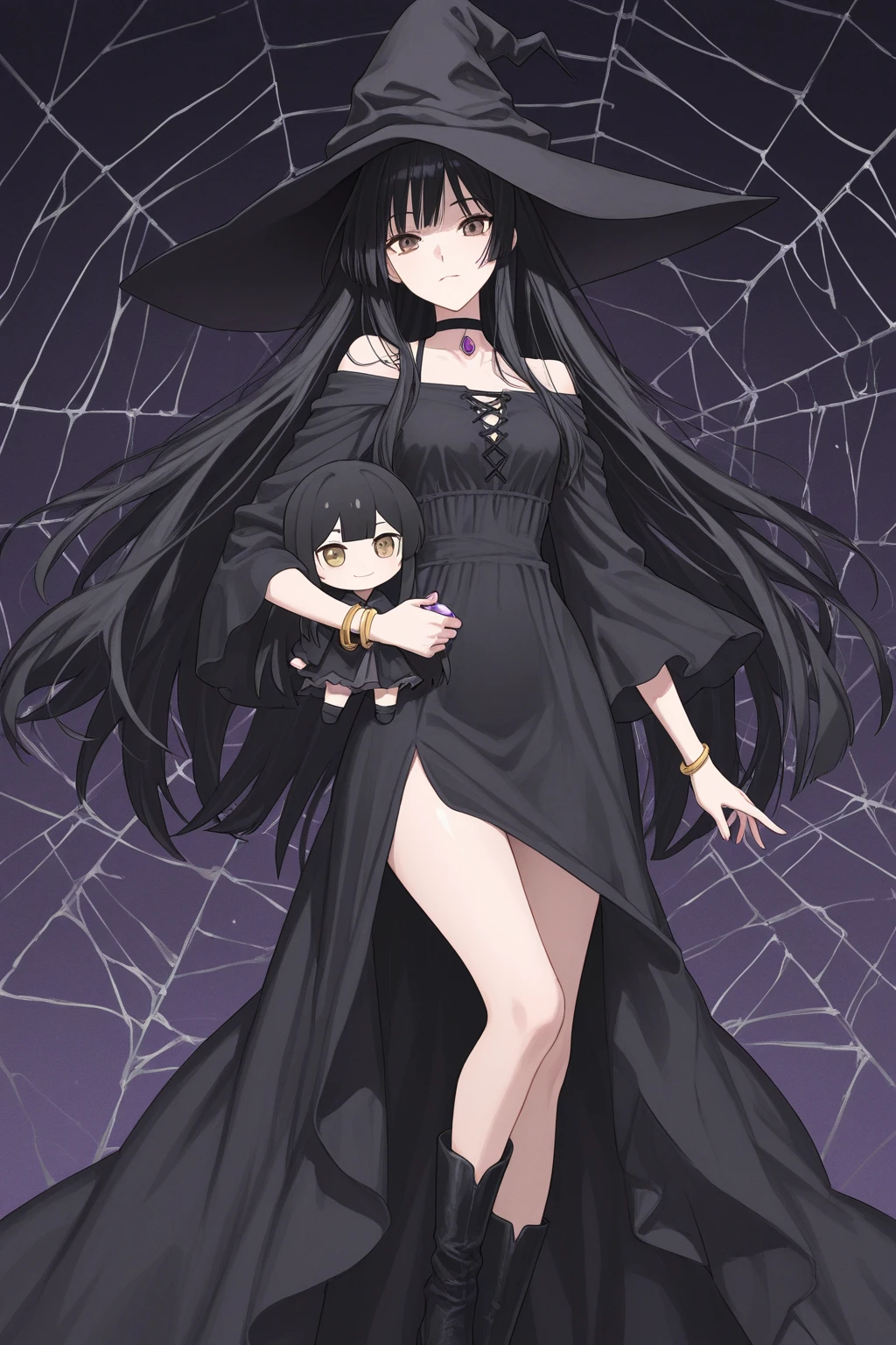 pregnant beautiful and mysterious goth girl with long black hair, grey eyes, black shirt, black long skirt, purple right cursed arm, white skin