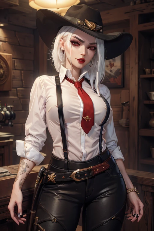 AsheOver, alone, hat, mole over mouth, earrings, red eyes, jewelry, makeup, lipstick, looking at viewer, top t-shirt, cleavage, shorts, white hair, asymmetrical hair, blurred, earrings, taupe, intricate background, red lips, nose, day, shirt, cleavage, upper body, lips, mouth hold, shadow, portrait, depth of field, short hair, outdoors, mask, medium hair, dynamic pose, body shape with curves, intricate details
