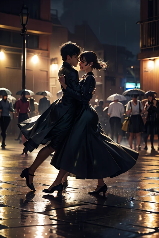 Couple dancing in the street in the rain