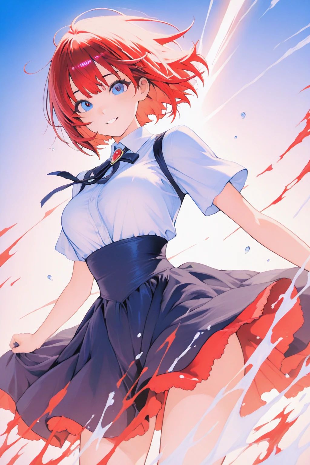 A beautiful anime girl with vibrant red hair and captivating blue eyes, wearing a short skirt and an open shirt that reveals a black and red lace bra, 1girl, detailed face, beautiful detailed eyes, dynamic pose, 8k, high quality, detailed illustration, digital painting, warm colour palette