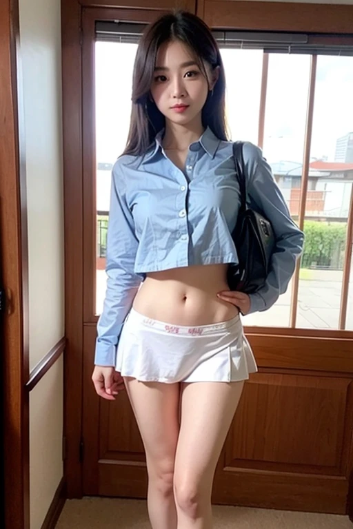 (button down shirt, panties: 1.2), ((of the highest quality, 8K, masutepiece: 1.3, Raw photo)), Sharp Focus: 1.2, (1 AESPA Girl :1.1), (Solo: 1.1), (Realistic, Photorealistic: 1.37), (Face Focus: 1.1), Cute face, hyperdetailed face, Short messy hair, updo, Small breasts, flat chest, standing at school room, flower, plum blossoms