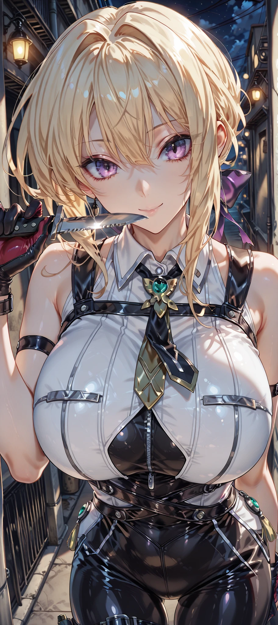 Ultra-realistic 8K CG， Perfect Face， Perfect perfection， masterpiece， One girl， Street Corner Background， Arms crossed，Fold your calf to your thigh、Tie it up （shibari：1.21）， Colorful Hair， Long white hair， solo， Bondage Costume， Dominator，Bondage，（Embarrassing：1.21），（round mouth gag，Open mouth and gag：1.1）， Make your face bright red， Drooling， Sticking out tongue，