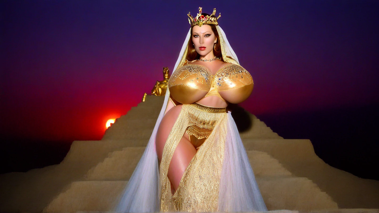 Akivasha, reine d'Égypte, Femme mature très enceinte, avec une peau de serpent, un corps très sexy , corps maternelle, a l'Égypte antique, a une grosse poitrine, dans un temple égyptien, porte une robe rouge et maron couleur sable, moule le corps, vêtements transparent, femme avec de long cheveux noirs orné de nombreux bijoux, très enceintes, sa poitrine est gonflé par du lait, a des crochets de serpent visible, elle sourit, avec des yeux doré a pupilles reptilienne, une femme serpent