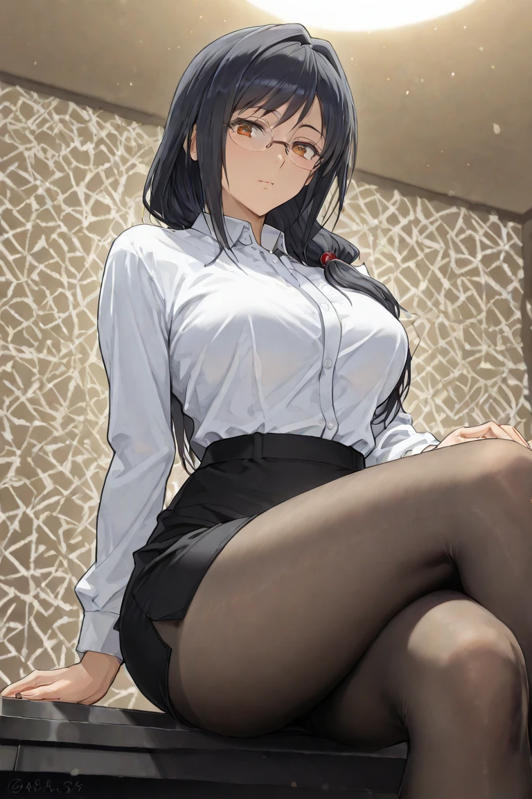 There is a woman sitting on a chair,holding laptop, Wear a serious black suit, sittinng on the desk, Wearing a smart business suit, On a table, Wearing a smart business suit, Japan goddess, stockings and skirt, sat at her desk, sittinng on the desk, sit at your desk, dressed in a suit, Elegant legs, Looking ahead seductively, crossed legs, Sakura double leaves, orange color hair, bluntbangs, a purple eye, violet colored eyes, eye glass, White button-down shirt, Earphone, thicc, Green jacket, Thigh thick
