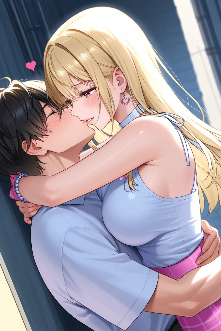 Perfect human body、1 handsome man,1 girl、A couple、heterosexuality、 NSFW, ((actual, Bedrooms)), (very highly detailed background), (((Stand next to the girl、Guy kisses girl))),  camisole、mini-skirts、鎖骨,，Convex milk((woman with fever)), ((perspiring,steamy))), 、mini-skirts、((The expression of coloce flushed), 高大英俊的男人Stand next to the girl、looking at viewert,