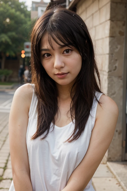 ((highest quality, 8K, masterpiece: 1.3)), sharp: 1.2, perfect body beauty: 1.4,Wear a Y-shirt only,exposing cleavage, slim abs: 1.2, ((layered hairstyles, big: 1.2)), dancer, (rain, street: 1.2), Wet: 1.5, Highly detailed face and skin texture, fine eyes, double eyelid, A seductive gaze,mischievous look