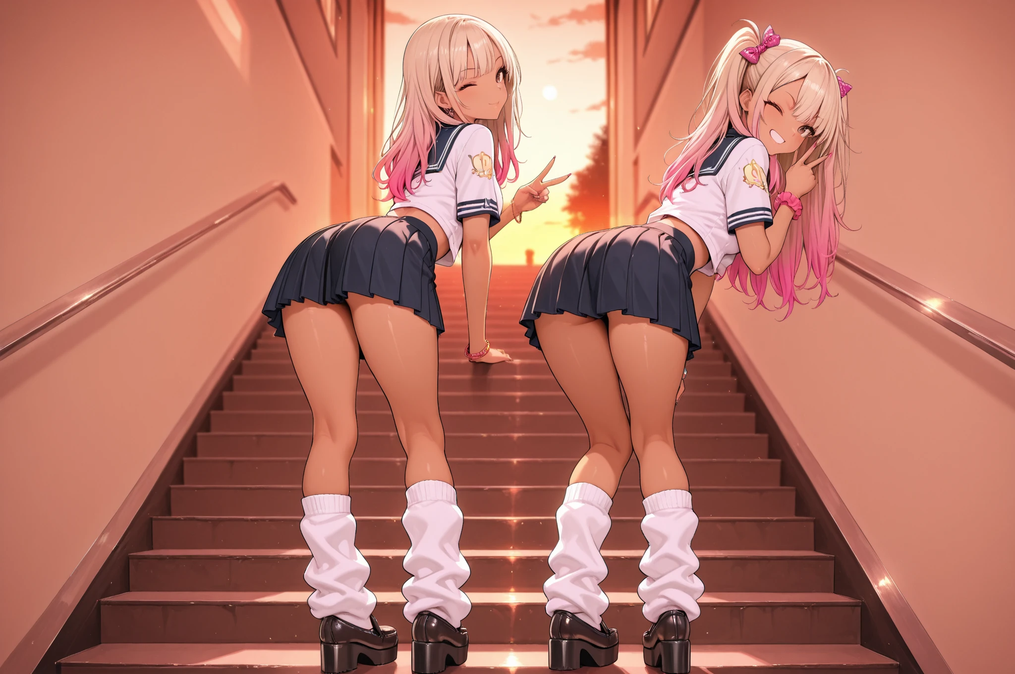 Texture CG, ((Ultra Detail Art)), ((​master piece)), (extremely details CG),Multiple girls,3girls,harem, school gals ,school gyaru ,((((school unifrom))),skirt ,(((pleated mini skirt)))), white shirt, school bag, bag , beautiful legs, wind lift,from behind,(string panties),(white sexy panties),long hair, blonde hair, brown hair, pink hair, silver hair, Curve, Beautiful detailed eyes , gleaming skin, bracelet, ,hair ornament, hairclip, jewelry, open mouth ,light smile, embarrassed:1.4,