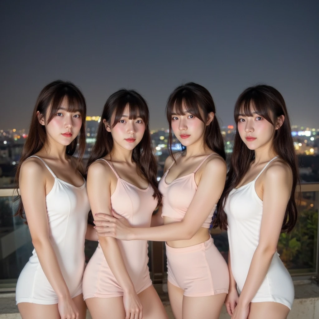 (A close-up selfie photo of three Japanese high school students), ((girls)), (Standing side by side close together), (in the night beach), (everyone smiling), best quality, masterpiece, looking at the camera, (Wearing white sheer transparent negligee), ((All shiny skin)), (Double eyelids), Bangs down, (All embarrassed and shy)